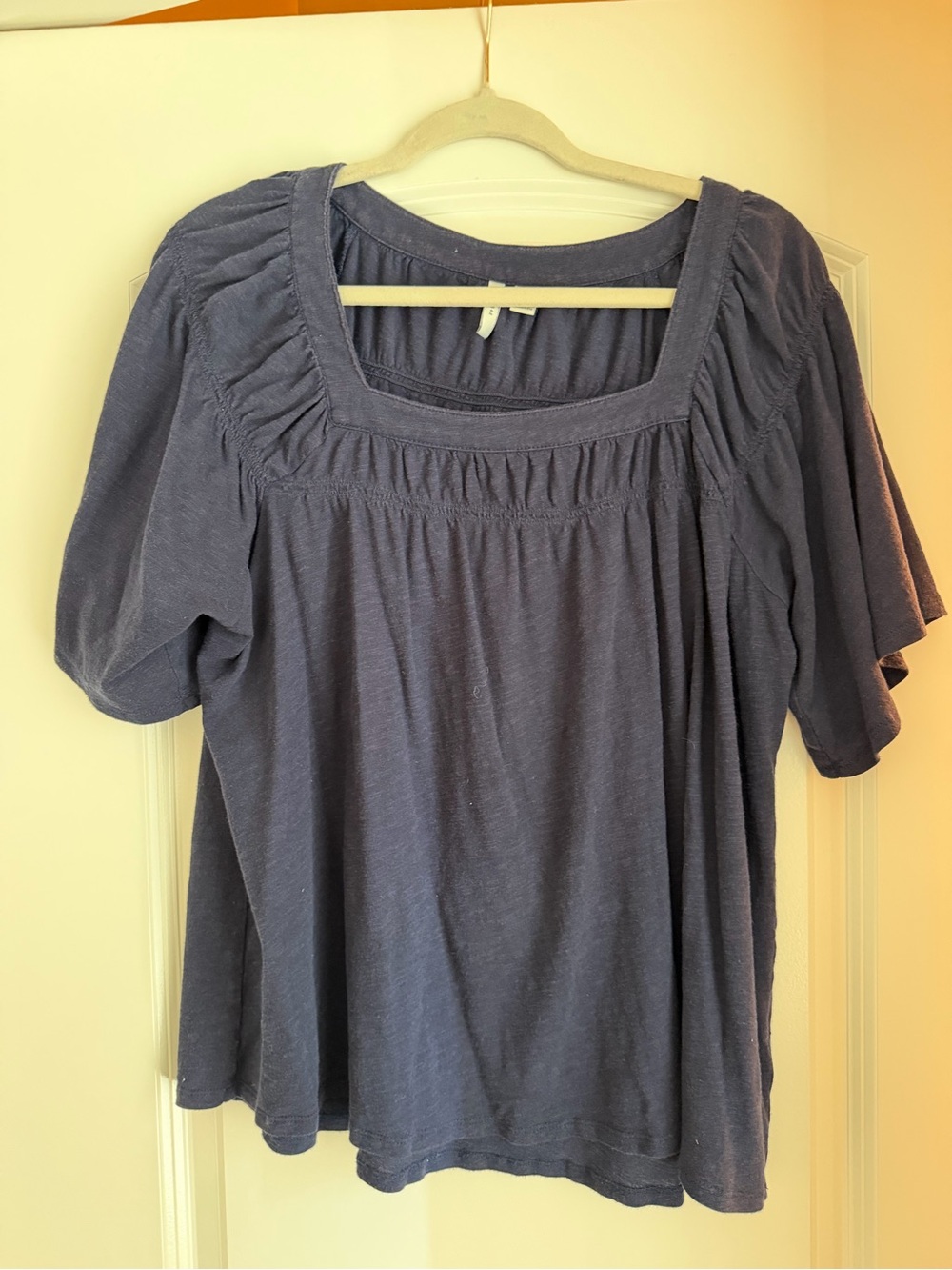 Relaxed Square-Neck Navy Blouse with Gathered Yoke